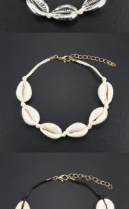 Handgefertigtes Kauri-Muschel geflochtenes Armband Detail mit Verlängerungskette und Verschluss.