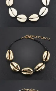 Handgefertigtes Kauri-Muschel-Armband Detail mit goldenen Naturmuscheln und Verlängerungskette.