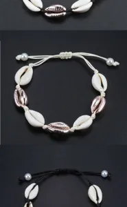 Bracciale conchiglia intrecciato etnico stile Hawaii spiaggia gioielli design dettagli vista.