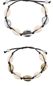 Bracciale intrecciato con conchiglie boho, conchiglie metalliche e perle per spiaggia