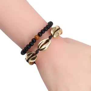 Hawaiianischer Stil Gold Kauri Muschel Perlen Armband handgefertigt geflochten Damen.