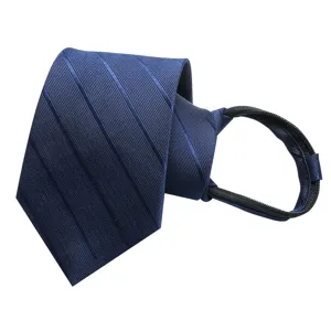Men dark blue striped zipper necktie for formal wedding business wear ready-made tie 8cm