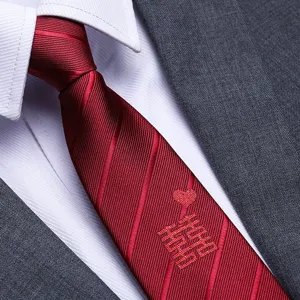Red wedding business necktie with Chinese double happiness embroidery detail for suit wear