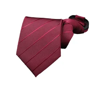 Burgundy striped pre-tied zipper necktie for men, ideal for business and wedding suits.