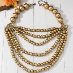 Boheemse meerdelige grove houten kralen statement ketting voor vrouwen gouden choker.