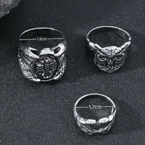 Ensemble de bagues en métal de style punk rétro vintage pour hommes, scorpion et hibou.