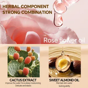 Natural plant extract skincare ingredient detail showing rose oil, cactus and sweet almond.