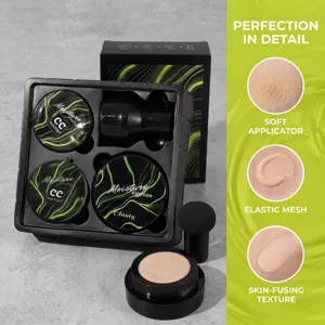Mushroom head cushion CC cream set featuring soft applicator and flawless skin texture.