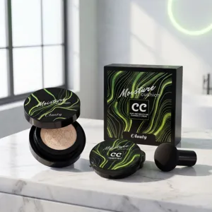 Detailed view of the air cushion CC cream with mushroom puff and packaging on table.