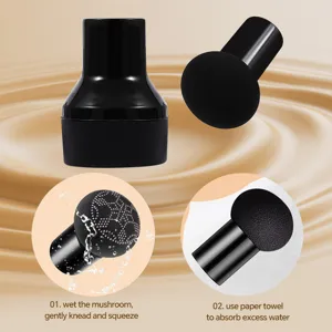 Black mushroom head makeup sponge cushion puff with handle for flawless foundation application.