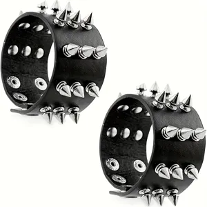Black leather punk spiked bracelet detail shot, metal cone rivets gothic wristband jewelry.