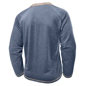 Vue arriere t-shirt henley manches longues homme, haut en tricot chiné bleu mode.