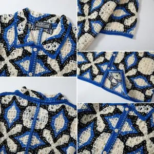 Close-up detail of blue and white crochet hollow knitted polo shirt with geometric pattern.