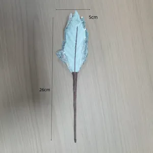 Christmas glitter leaf stem detail close up, light blue holiday floral accessory design.