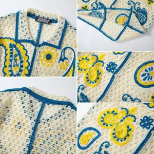 Detailed view of men retro ethnic crochet hollow knit polo shirt collar and blue yellow paisley.