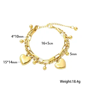 Pulsera de oro de doble capa con corazones y cuentas elegante joyería coreana