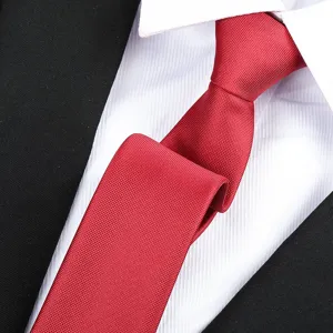 Close-up detail view of classic red men's formal necktie with fine textured fabric.