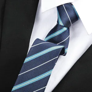 Detailed view of classic striped men's necktie in navy blue with elegant diagonal lines.