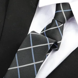 Men's black formal business tie with white and blue plaid pattern for wedding and professional wear.