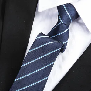 Men's classic blue striped tie for business formal suit wear, elegant wedding necktie accessory.