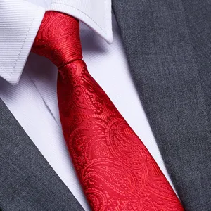 Classic red paisley patterned necktie paired with a crisp white shirt and grey suit jacket.
