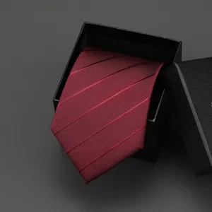 Classic burgundy striped tie for men, elegant formal necktie packaged in a black gift box.