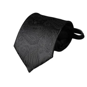 Black paisley pre-tied zipper necktie, business formal groom wedding tie for men and women.