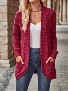 Women's Casual Solid Color Long Sleeve Open Front Cardigan Brushed Knit Outerwear Loose Fit Fall Pocket Jacket