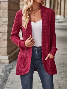 Women solid color casual long sleeve open front knit cardigan sweater with pockets autumn