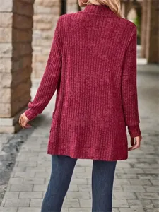 Women's solid color brushed long sleeve casual cardigan jacket, back view outdoor display