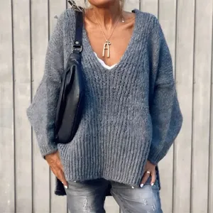 Casual oversized V-neck knit sweater for women, chunky ribbed solid color pullover top.