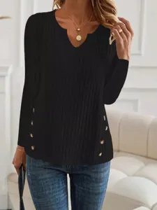 Dames Casual Lange Mouw Knit Top V-Hals Effen Kleur Knop Pullover