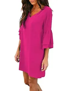 Women Summer Solid Color V-Neck Layered Bell Sleeve Loose Casual Mini Dress View