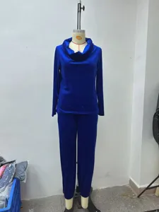Blue velvet long sleeve top and trousers lounge set detail view, soft and comfortable.