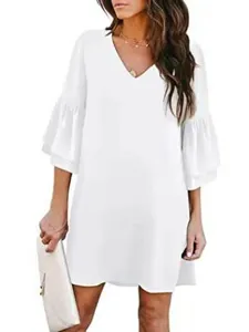 White V-neck bell sleeve dress detail, casual summer style and loose fit design showcase.
