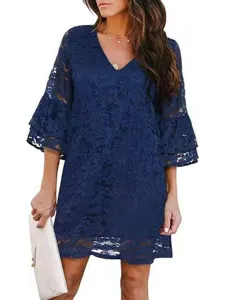 Close-up view of the dark blue solid color V-neck lace bell sleeve casual dress.