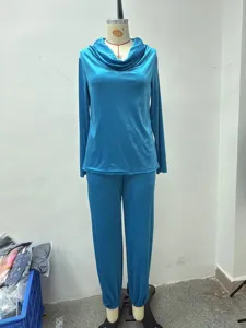 Blue velvet long sleeve cowl neck lounge set casual loose tracksuit for women everyday wear.