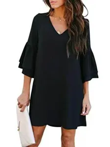 Solid color V-neck flare sleeve loose dress for women, elegant summer casual wear.
