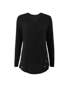 Dames zwart geribbelde gebreide trui lange mouw top met knopen aan de zijkant casual basic