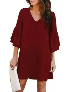 Close-up of wine red V-neck bell sleeve dress, elegant casual style fabric detail view.
