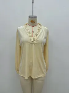 Femme velours manches longues col V chemisier decontracte haut uni elegant vetement.