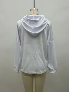 Casual white waffle knit hoodie for women, loose long sleeve hooded sweatshirt basic top.
