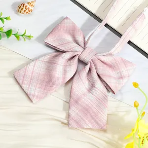 JK pink plaid bow tie ribbon collar accessory for uniform sailor shirt detail shot.