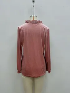 Chemisier rose en velours à manches longues avec col volanté élégant top décontracté