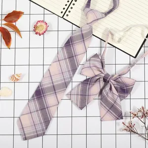 Set Cravatta e Farfallino a Quadri Motivo Scozzese Stile Giapponese Uniforme Viola Rosa