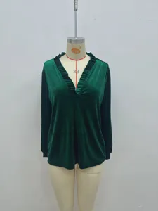 Chemisier vert foncé en velours manches longues col V avec volants pour femme mode