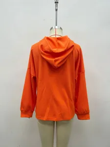 Orange waffle knit loose long sleeve hoodie casual women's top basic casual pullover sweatshirt