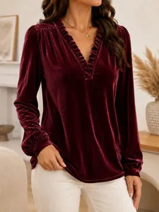 Chemisier Velours Bordeaux Manches Longues Col V Volants Femme Haut Chic Casual Élégant