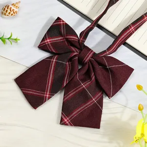 Dark red plaid JK bow tie for school uniform, cute ribbon collar accessory for women.