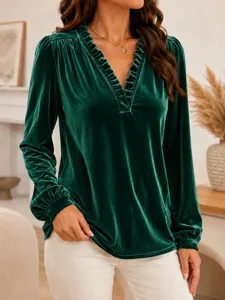 Blouse en Velours Décontractée à Manches Longues et Col en V pour Femmes Couleur Unie Volants Top Mode Élégant Vêtements Quotidiens